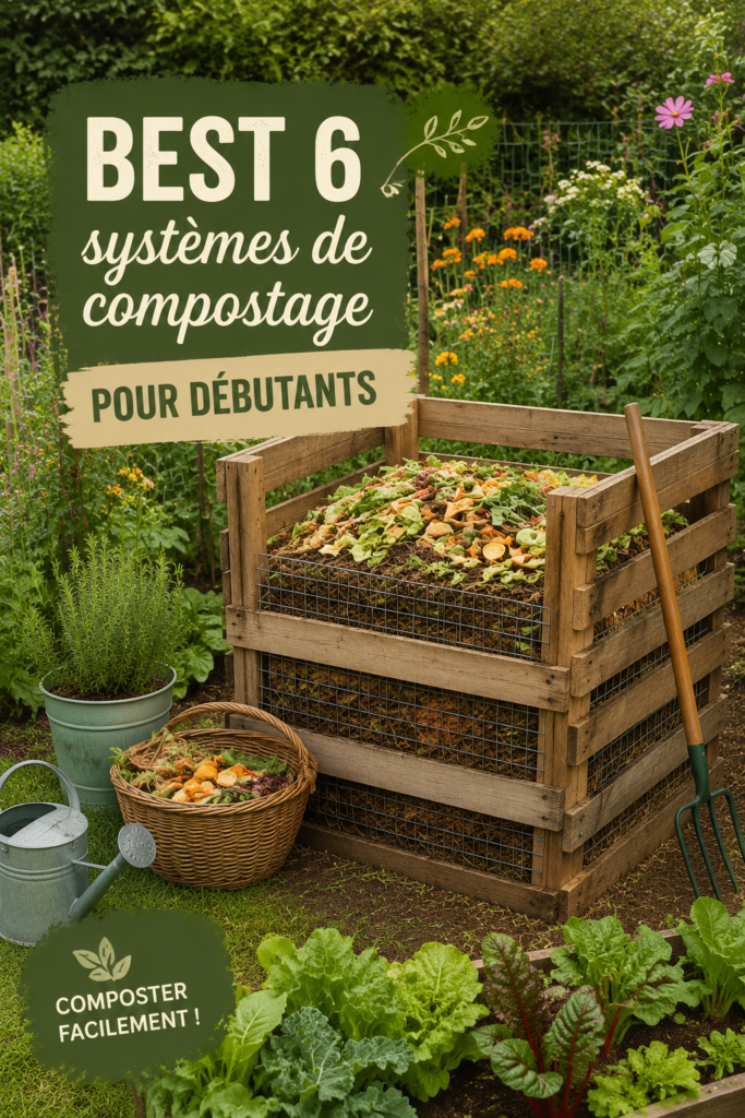 Un composteur en bois rempli de déchets organiques dans un jardin.