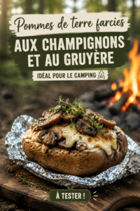 Pommes de terre farcies aux champignons et fromage sur un feu de camping.