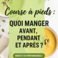 Une femme en train de courir avec une bouteille d'eau et des fruits sains en arrière-plan.
