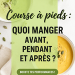 Une femme en train de courir avec une bouteille d'eau et des fruits sains en arrière-plan.