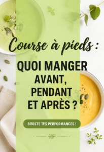 Une femme en train de courir avec une bouteille d'eau et des fruits sains en arrière-plan.