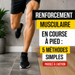 Femme courant dans un parc avec un sourire, illustrant l'idée de renforcement musculaire en course.
