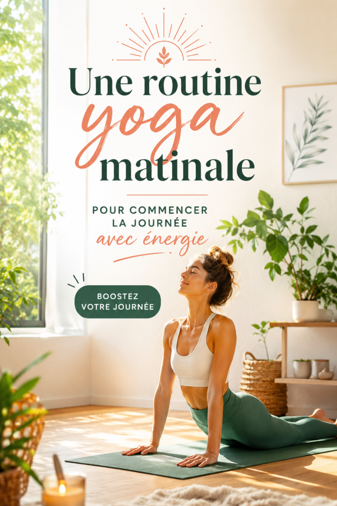 Femme en train de pratiquer le yoga le matin sur un tapis, rayonnante et pleine d'énergie.
