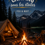 Photo d'une soirée camping avec un feu de camp illuminant la nuit.
