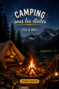 Photo d'une soirée camping avec un feu de camp illuminant la nuit.
