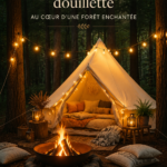 Tente de glamping cozy au milieu d'une forêt magique