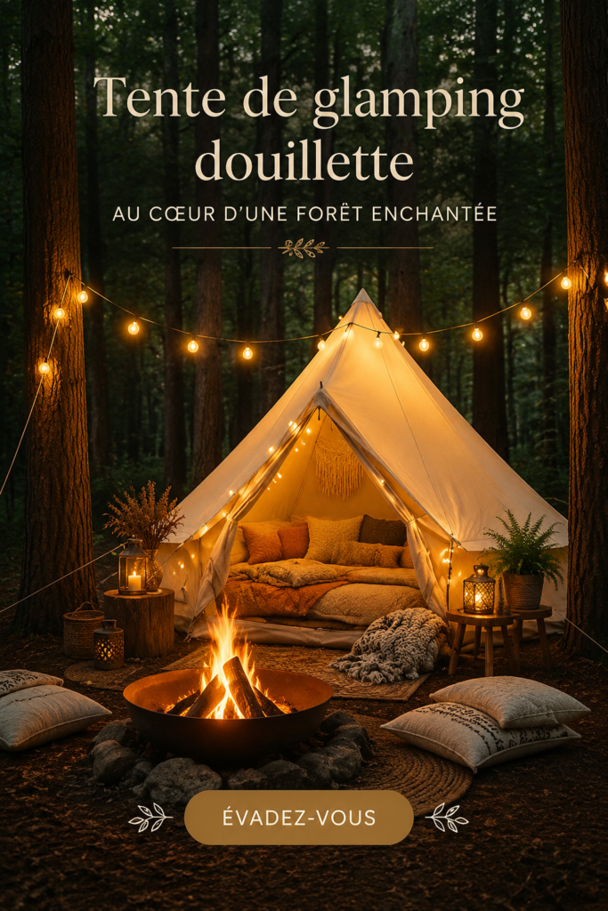 Tente de glamping cozy au milieu d'une forêt magique