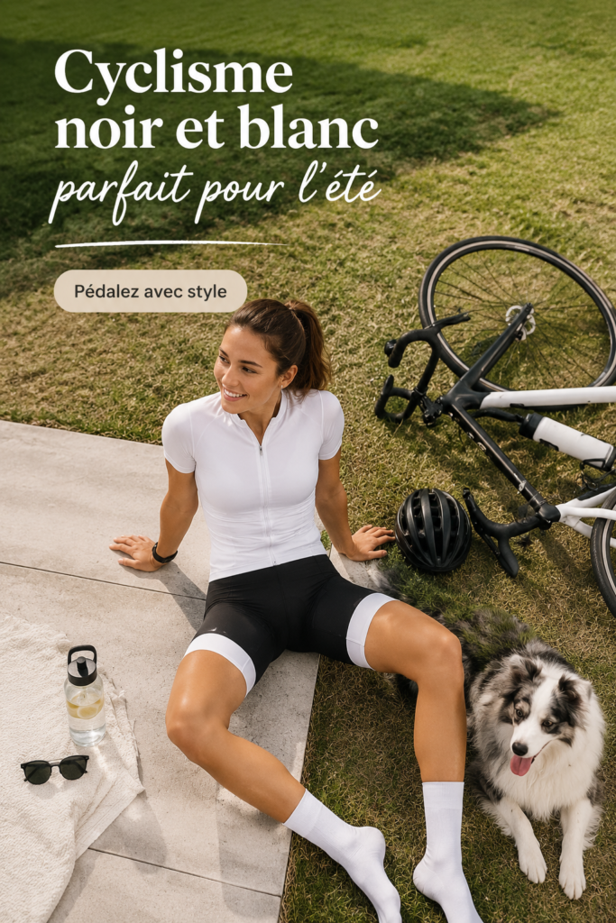 Femme portant une tenue noir et blanc pendant une balade à vélo en été.