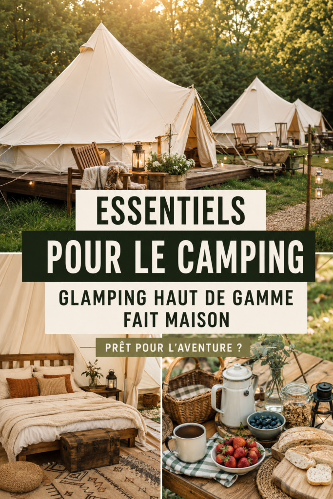 Un espace glamping chic avec des équipements de camping élégants et confortables.