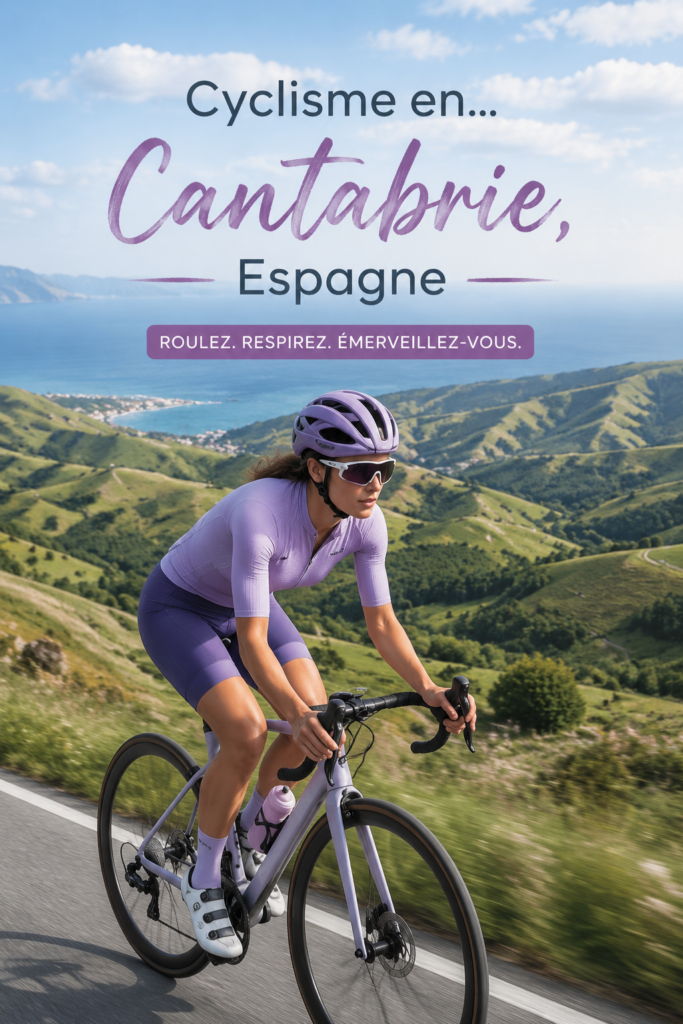 Femme souriante pédalant sur un chemin de campagne en Cantabrie, entourée de paysages verdoyants