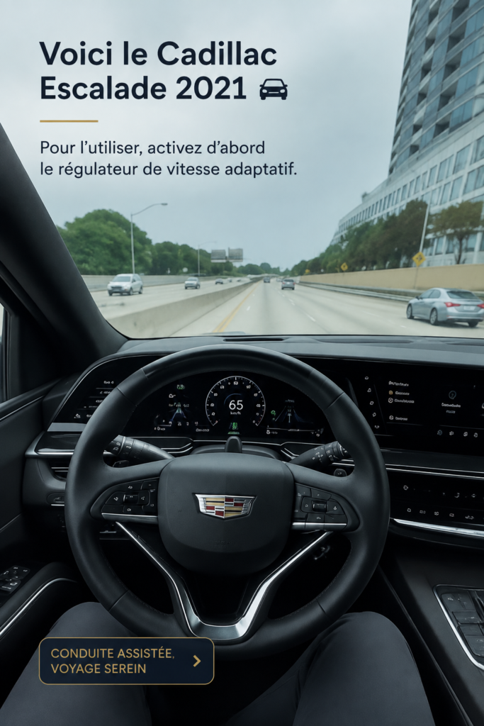 Vue extérieure d'une Cadillac Escalade 2021 sur une route panoramique.