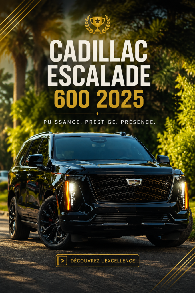 Vue avant du Cadillac Escalade 600 2025, un SUV de luxe idéal pour les aventures en plein air.