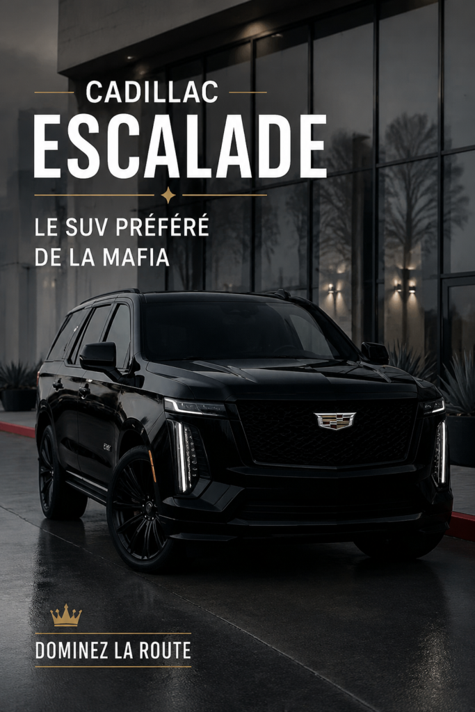 Un Cadillac Escalade garé devant un paysage urbain, représentant le luxe et l'élégance.