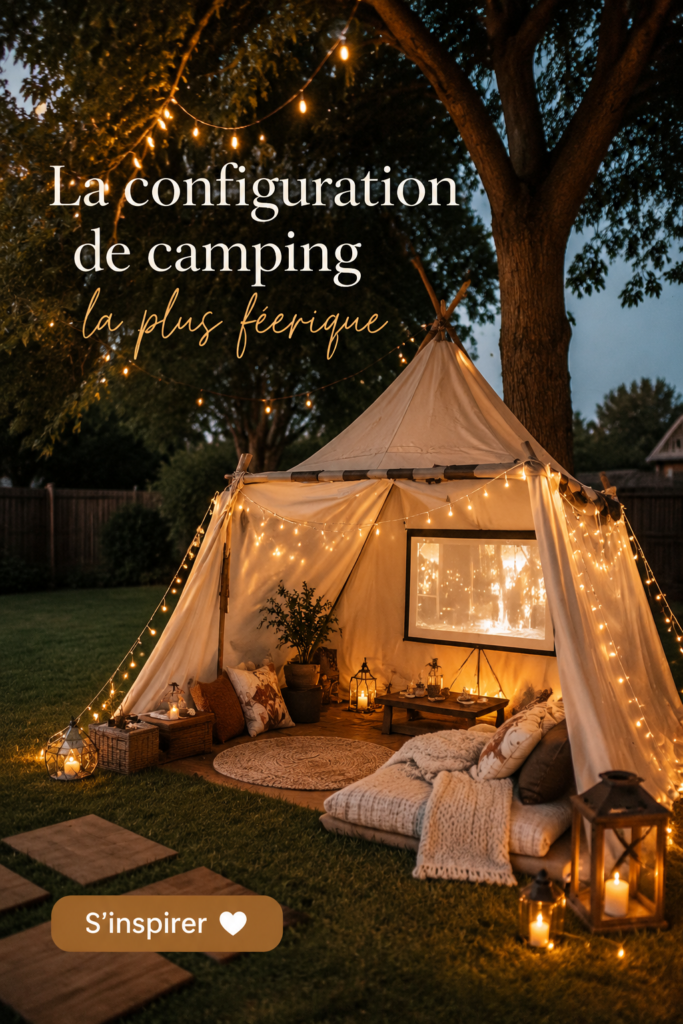 Un camping aménagé confortablement avec des chaises et des guirlandes lumineuses en pleine nature.