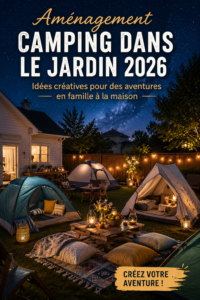 Camping dans un jardin avec des tentes et des lumières douces dans la nuit.