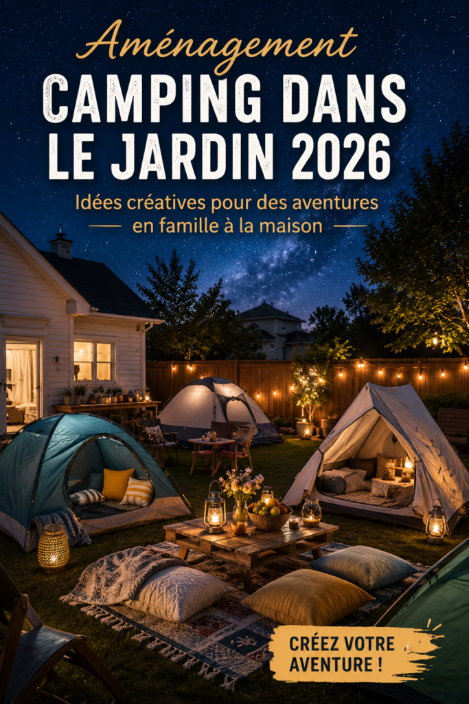 Camping dans un jardin avec des tentes et des lumières douces dans la nuit.