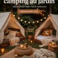 Un jardin aménagé pour le camping avec une tente et des lumières douces.