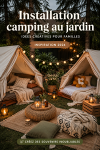 Un jardin aménagé pour le camping avec une tente et des lumières douces.