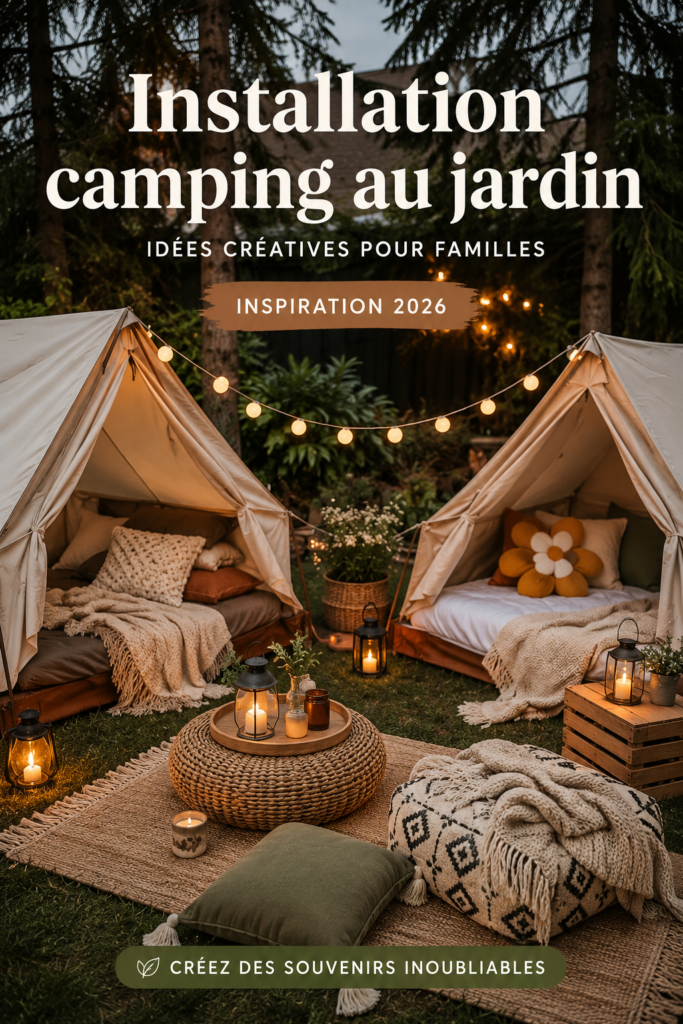 Un jardin aménagé pour le camping avec une tente et des lumières douces.