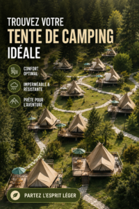 Femme souriante devant une tente de camping dans la nature, prête pour l'aventure.