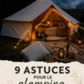 Un espace de glamping confortable en pleine nature avec des coussins et des lanternes.