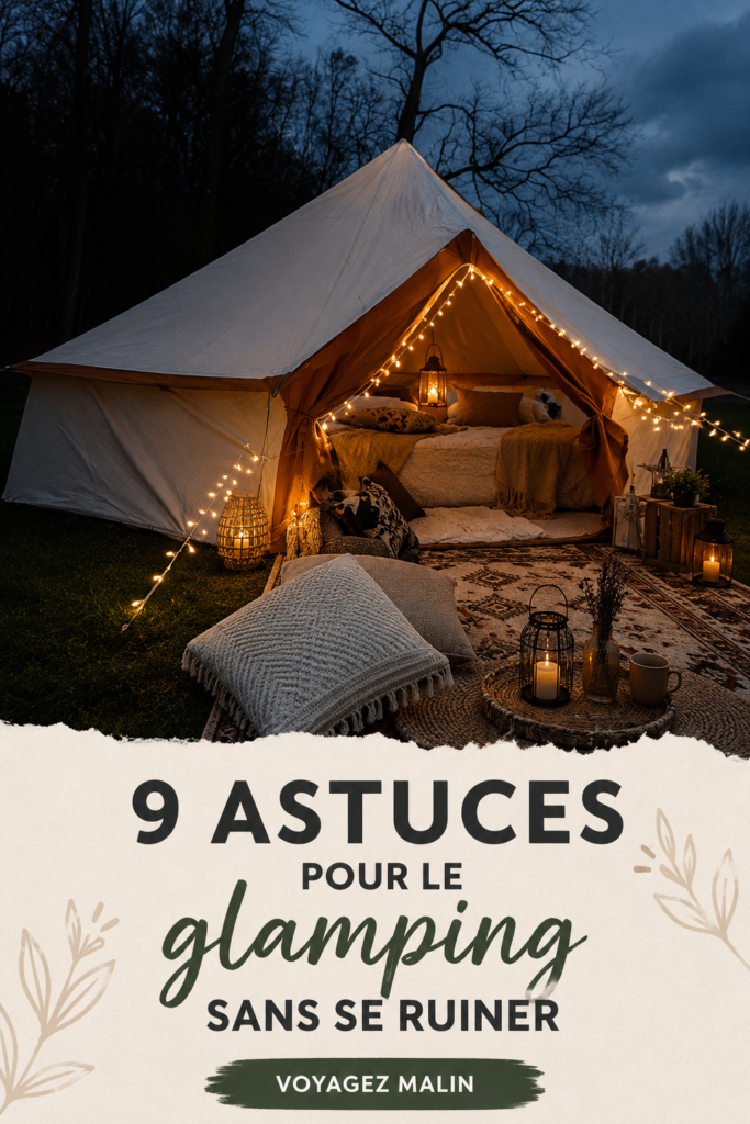 Un espace de glamping confortable en pleine nature avec des coussins et des lanternes.