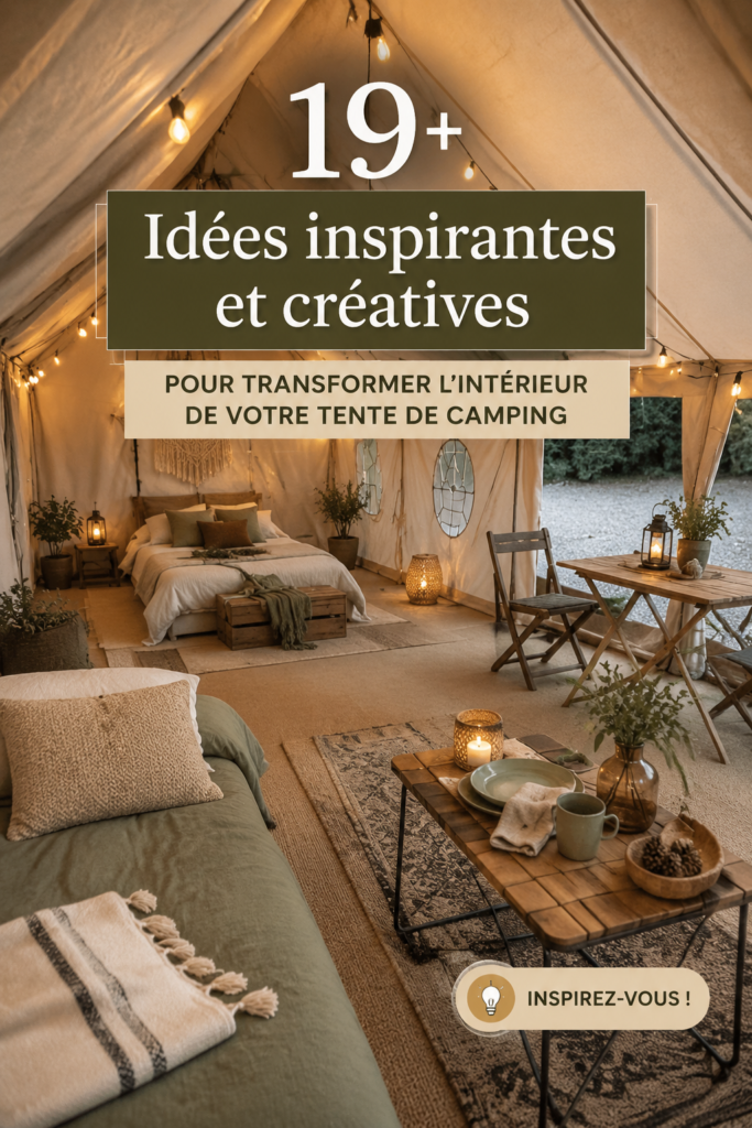 Intérieur de tente de camping joliment décoré avec des accessoires confortables.