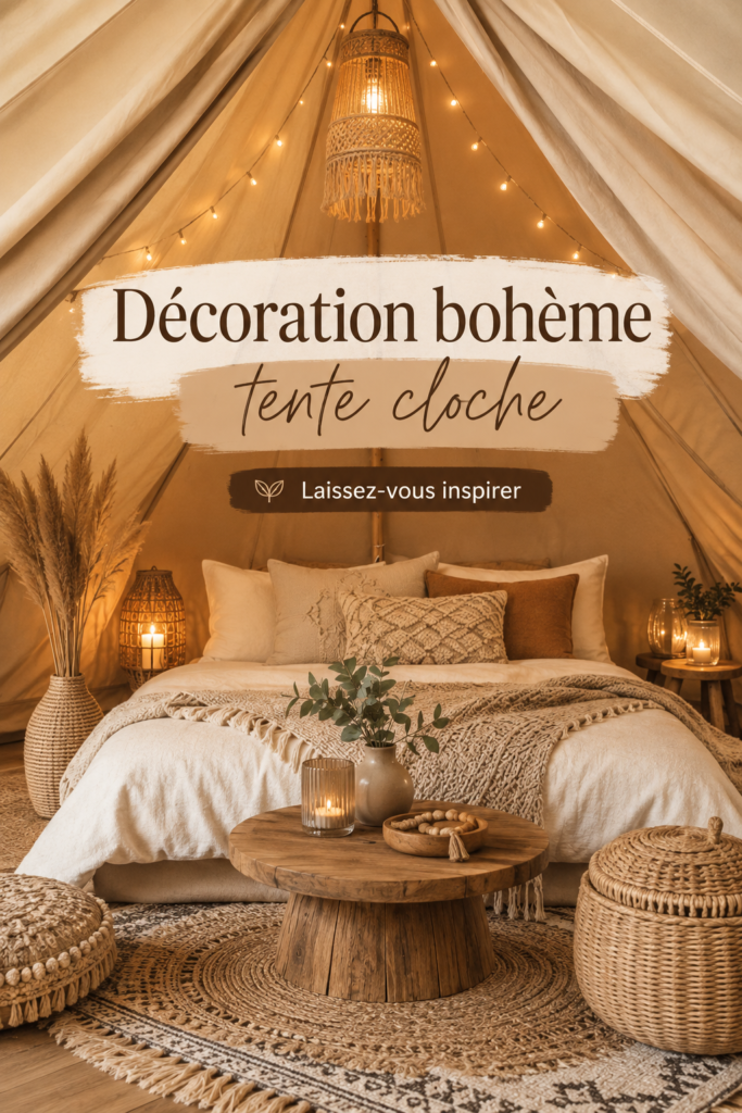 Tente décorée dans un style bohème avec des coussins colorés et des guirlandes lumineuses.