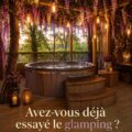Une tente de glamping élégante en pleine nature avec des lumières d'ambiance et des meubles confortables.
