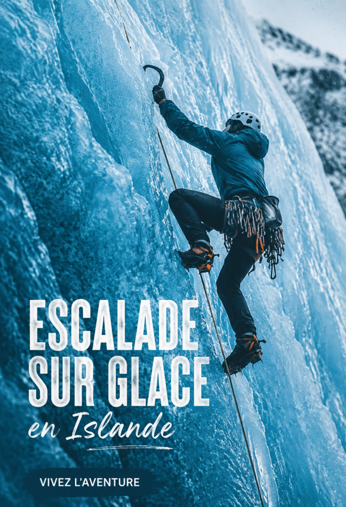 Escalade sur glace en Islande avec un paysage glacé impressionnant en arrière-plan.