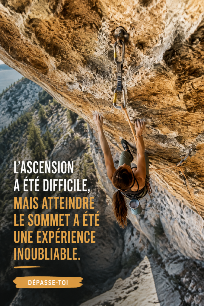 Femme en pleine ascension sur un sommet montagneux entourée de paysages naturels