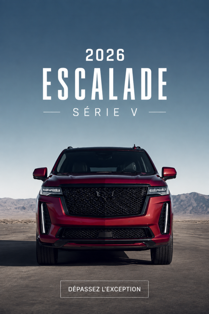 Vue de l'Escalade V-Series 2026, un SUV spacieux et sportif, idéal pour les activités outdoor