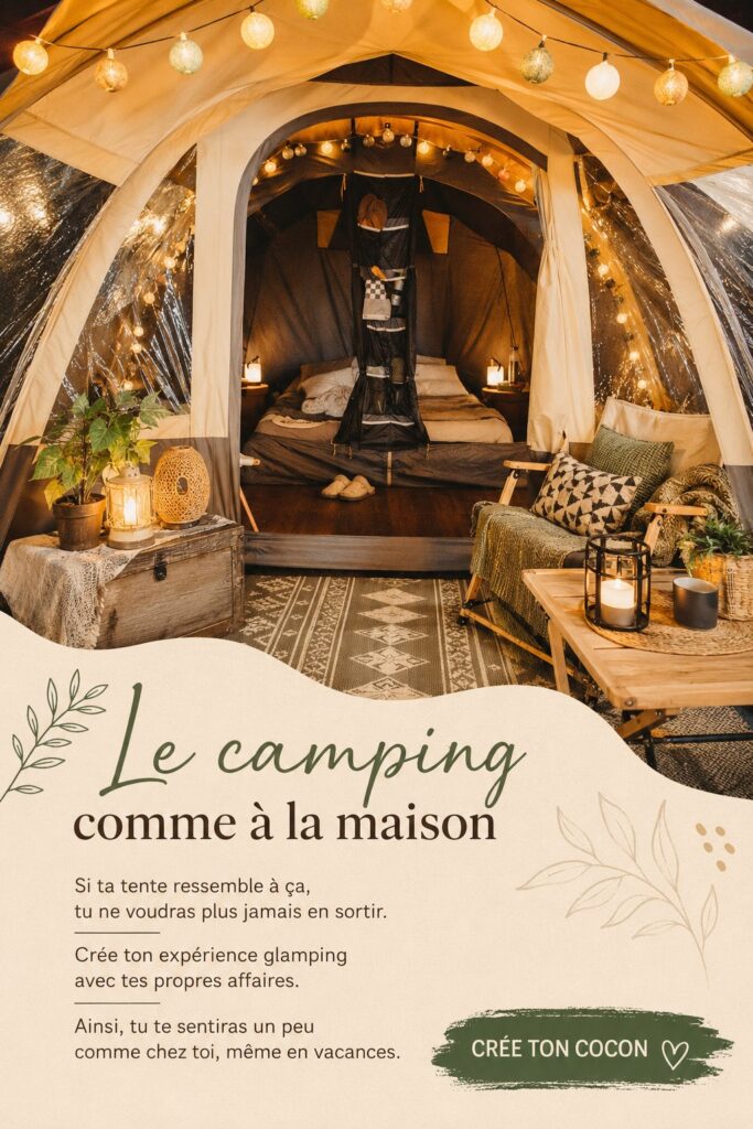 Une tente aménagée confortablement pour une expérience de glamping.