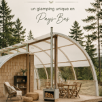 Un couple profitant d'une tente de glamping confortablement installée dans la nature