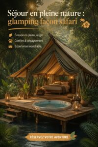 Un espace glamping luxueux en pleine jungle, offrant confort et nature.