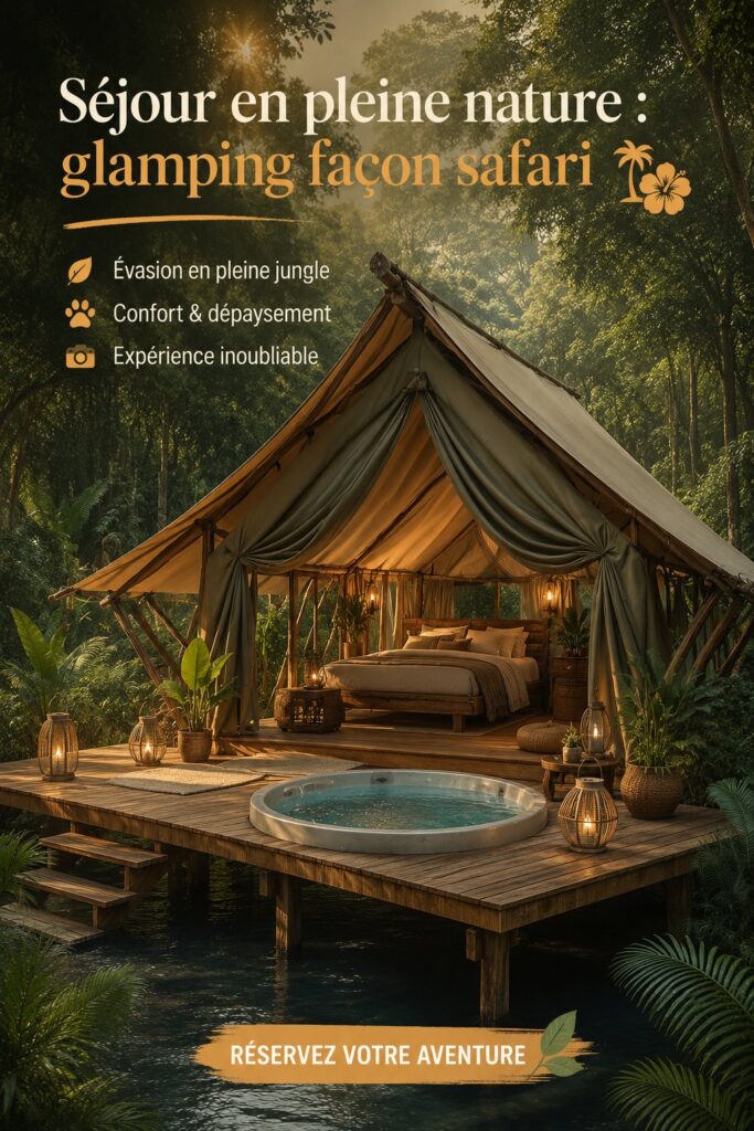 Un espace glamping luxueux en pleine jungle, offrant confort et nature.