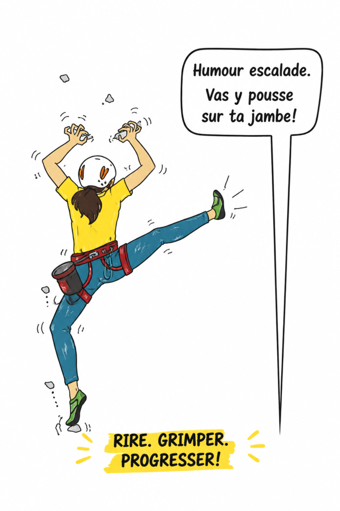 Une grimpeuse partage une blague avec ses amis en falaise, tous rient ensemble.