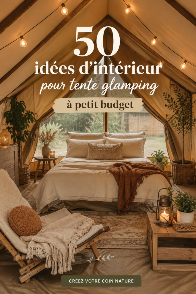 Tente de glamping élégamment décorée avec des coussins et des lumières.