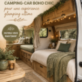 Intérieur boho d'un camping-car décoré avec des tissus colorés et des accessoires vintage