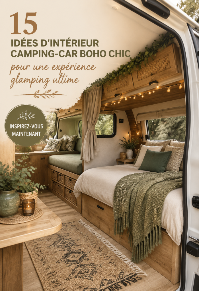 Intérieur boho d'un camping-car décoré avec des tissus colorés et des accessoires vintage