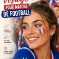 Une femme avec un maquillage coloré, soutenant son équipe de football. Elle porte des couleurs représentant sa passion pour le sport.