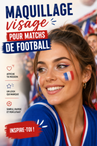 Une femme avec un maquillage coloré, soutenant son équipe de football. Elle porte des couleurs représentant sa passion pour le sport.