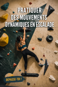 Femme en train de réaliser un mouvement dynamique lors d'une séance d'escalade en extérieur.