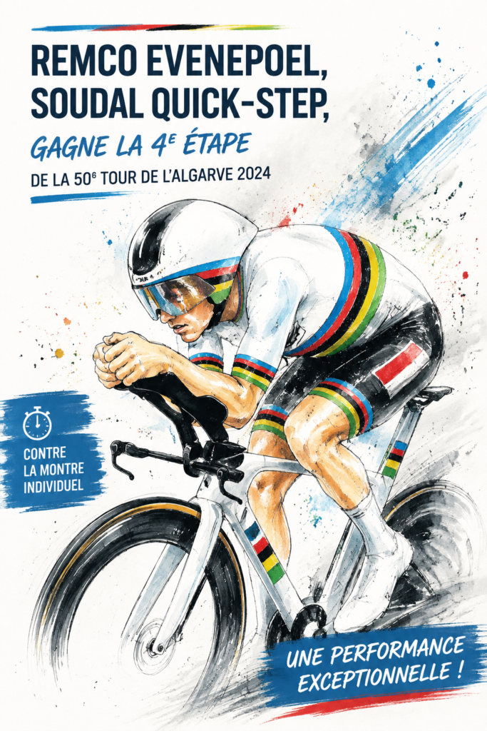 Remco Evenepoel franchissant la ligne d'arrivée lors de la quatrième étape de l'Algarve 2024