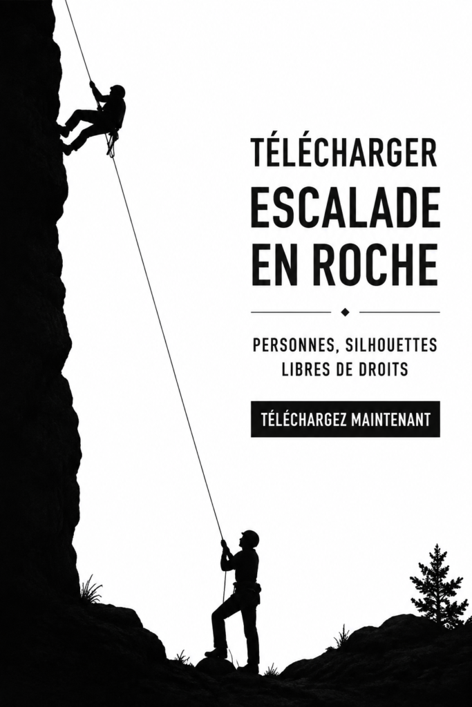 Silhouette d'une grimpeuse en pleine ascension, accompagnée d'un panorama naturel.