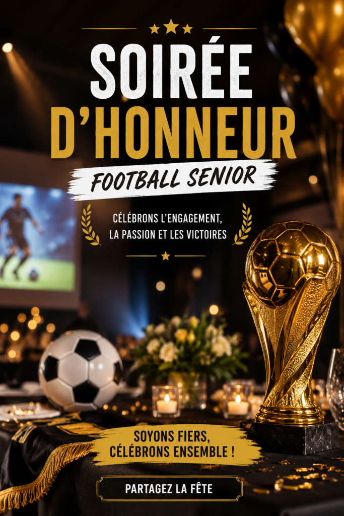 Groupe de seniors célébrant lors d'une soirée de football, entourés de décorations festives.