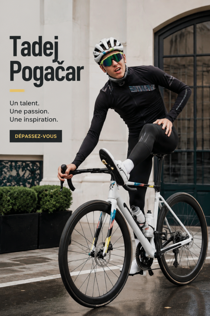 Portrait de Tadej Pogačar sur son vélo lors d'une compétition de cyclisme, symbolisant l'esprit du sport.