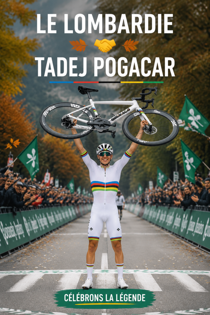 Tadej Pogacar en action lors de Il Lombardia, entouré de paysages d'automne.