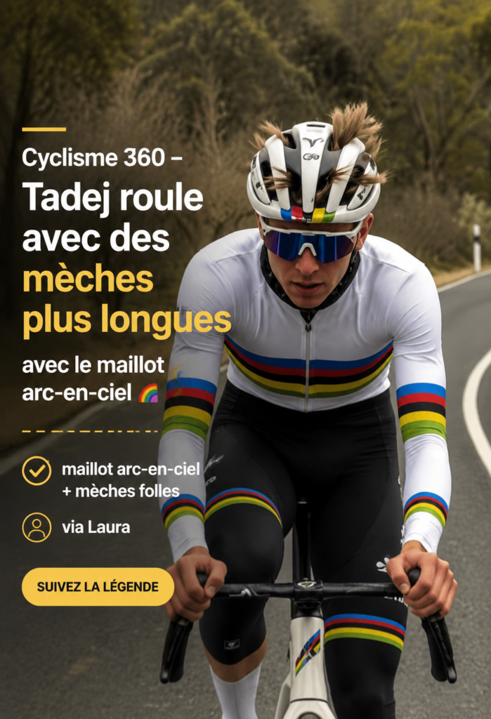 Tadej Pogačar portant son maillot arc-en-ciel lors d'une compétition de cyclisme.