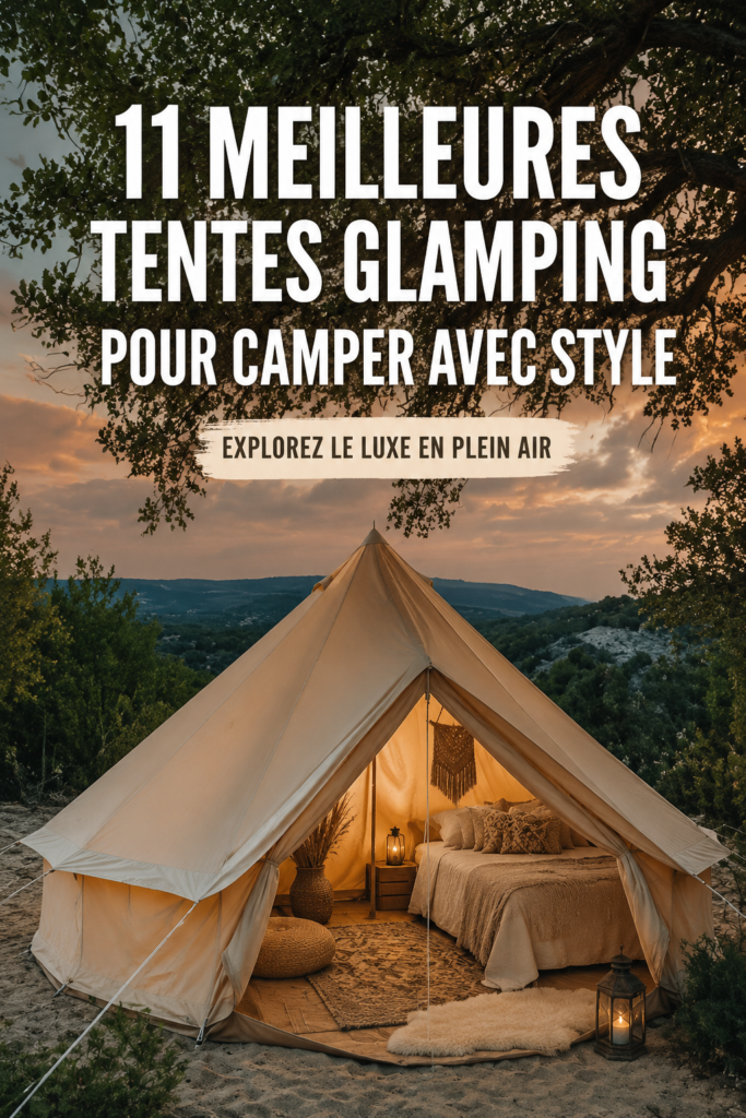 Une tente de glamping élégante installée dans un cadre naturel, offrant confort et style.